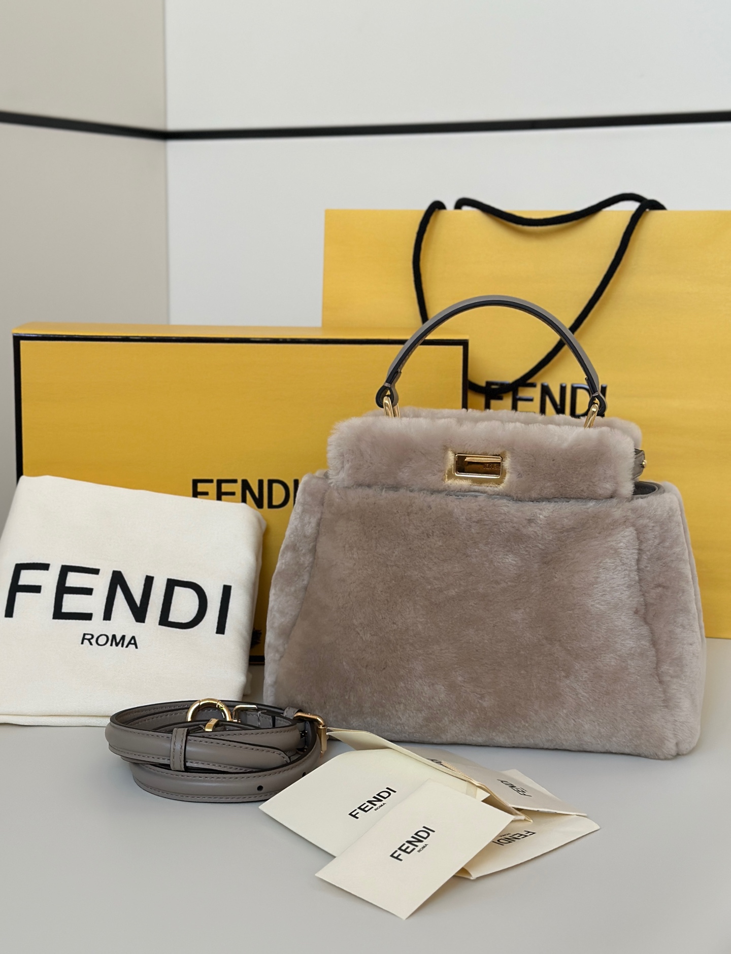 Fendi-Peekaboo-Mini-Beige-Shearling-Top-Handle-Shoulder-Crossbody-Bag