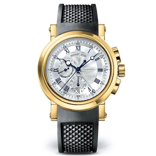 Breguet Marine Silver Dial Black Rubber 18Kt Yellow Gold Men’s Watch