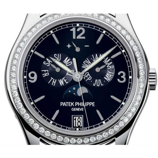 Patek Philippe Complications Annual Calendar Blue Dial 18Kt White Gold Diamond Blue Leather Mens Watch