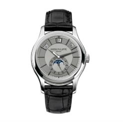 Patek Philippe Complications Grey Dial 18k White Gold Black Leather Mens Watch 5205G-001