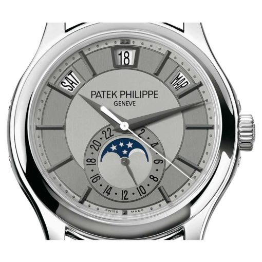 Patek Philippe Complications Grey Dial 18K White Gold Black Leather Mens Watch