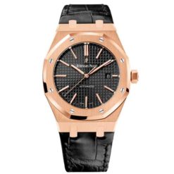 Audemars Piguet Royal Oak Self Winding Black Dial 41mm Pink Gold Leather Strap Watch