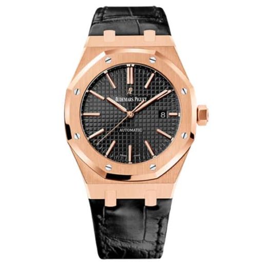 Audemars Piguet Royal Oak Self Winding Black Dial 41Mm Pink Gold Leather Strap Watch