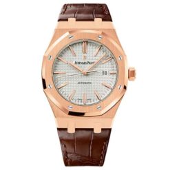 Audemars Piguet Royal Oak Self Winding Silver-toned dial 41mm Pink Gold Leather Strap Watch 15400OR.OO.D088CR.01