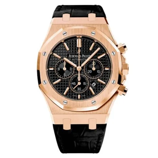 Audemars Piguet Royal Oak Chronograph Black Dial 41Mm Pink Gold On Leather Strap Watch 26320Or.oo.d002Cr.01