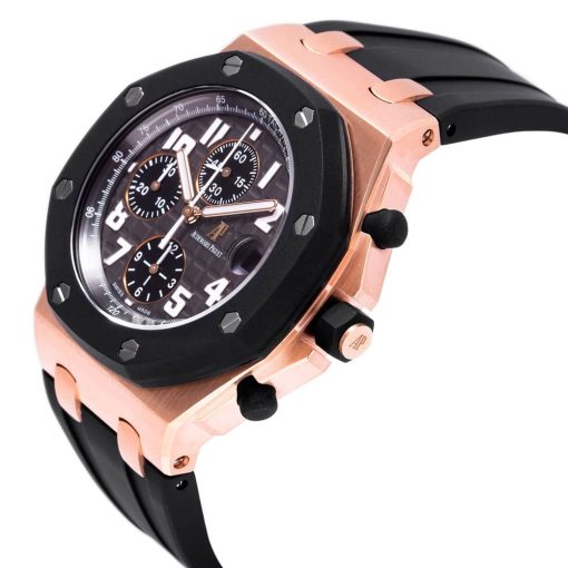 Audemars Piguet Black Dial 18Kt Rose Gold Black Rubber Chronograph Mens Watch