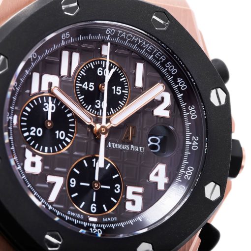 Audemars Piguet Black Dial 18Kt Rose Gold Black Rubber Chronograph Mens Watch