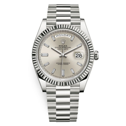 Rolex Day-Date 228239 Silver Baguette Dial 40Mm White Gold Mens Watch