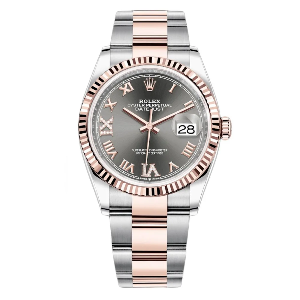 Rolex Datejust 126231 Dark Rhodium Vi Ix Roman Oyster 36Mm Stainless Steel And Rose Gold Ladies Watch