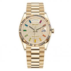 Rolex Day-Date 128238 Pave Rainbow 36mm Yellow Gold Midsize Watch