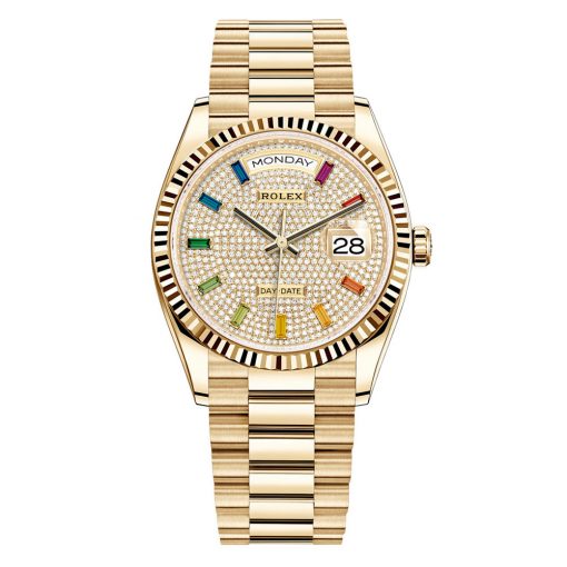 Rolex Day-Date 128238 Pave Rainbow 36Mm Yellow Gold Midsize Watch