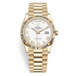 Rolex Day-Date 128238 White Roman Dial 36mm Yellow Gold Midsize Watch