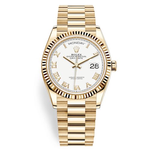 Rolex Day-Date 128238 White Roman Dial 36Mm Yellow Gold Midsize Watch