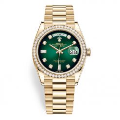 Rolex Day-Date 128348RBR Green Graduated Diamond 36mm Yellow Gold Midsize Watch