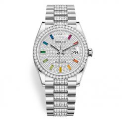 Rolex Day-Date 128349RBR Pave Rainbow 36mm President-Diamond Bracelet White Gold Midsize Watch