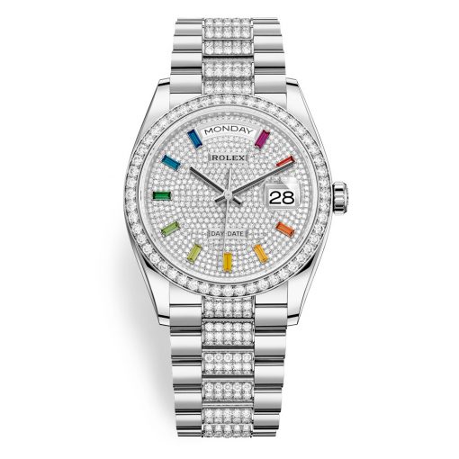 Rolex Day-Date 128349Rbr Pave Rainbow 36Mm President-Diamond Bracelet White Gold Midsize Watch