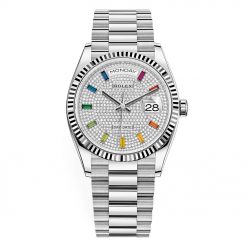 Rolex Day-Date 128239 Pave Rainbow 36mm White Gold Midsize Watch