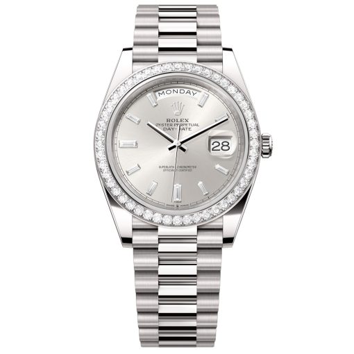 Rolex Day-Date 228349Rbr-0001 Silver Baguette Diamond Dial 40Mm White Gold Men'S Watch