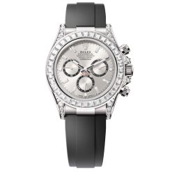 Rolex 126539TBR-0002 Cosmograph Daytona Silver Diamond Dial Baguette Diamond Bezel White Gold Oysterflex Watch