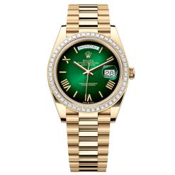 Rolex 228398TBR-0042 Day-Date 40 Green Ombré Dial Baguette Bezel Yellow Gold Watch