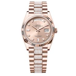 Rolex Day-Date 128235-0019 Pink Diamond Dial 36mm Everose Gold Midsize Diamond Bracelet Watch