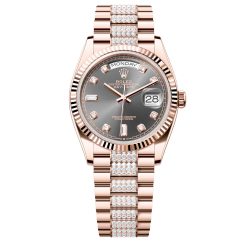 Rolex Day-Date 128235-0051 Slate Diamond Dial 36mm Everose Gold Midsize Diamond Bracelet Watch