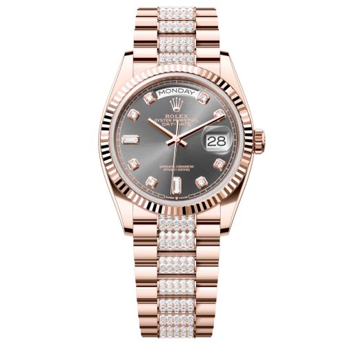 Rolex Day-Date 128235-0051 Slate Diamond Dial 36Mm Everose Gold Midsize Diamond Bracelet Watch