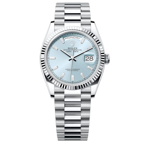 Rolex Day-Date 128236-0009 Ice Blue Baguette Dial 36Mm Platinum Midsize Watch