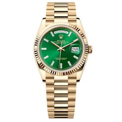 Rolex Day-Date 128238-0130 Green Baguette Diamond Dial 36mm Yellow Gold Midsize Watch