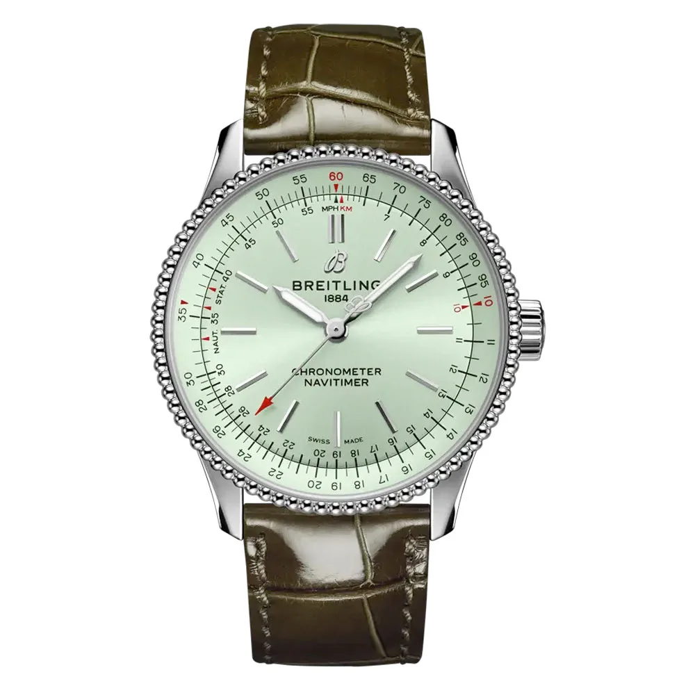 Breitling A17395361L1P1 Navitimer 35 Automatic Stainless Steel Alligator Mint Green Dial Watch