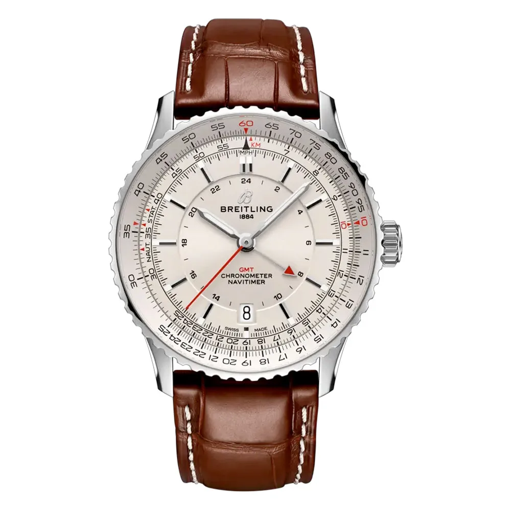 Breitling A32310211G1P1 Navitimer Gmt 41 Automatic Stainless Steel Alligator Silver Dial Watch