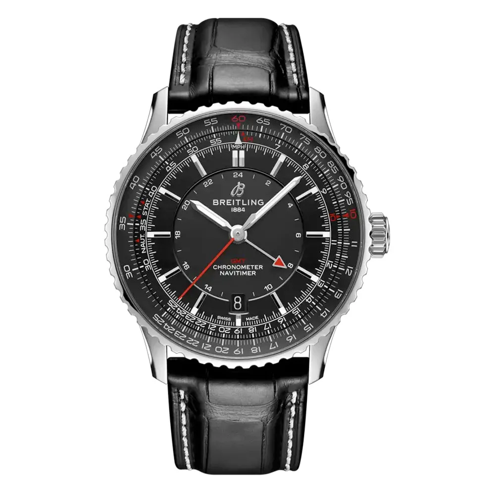 Breitling A32310251B1P1 Navitimer Gmt 41 Automatic Stainless Steel Alligator Black Dial Watch