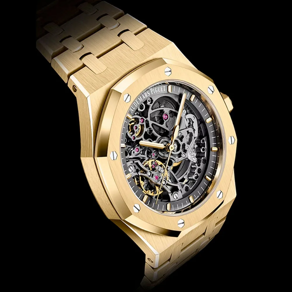 Audemars Piguet 15407Ba.oo.1220Ba.01 Royal Oak Double Balance Wheel Openworked Yellow Gold Skeleton Dial Watch - Image 3