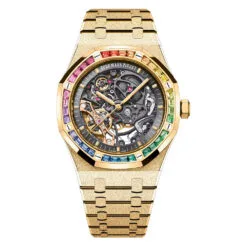 Audemars Piguet 15412BA.YG.1224BA.01-B Royal Oak Double Balance Wheel Openworked Frosted Yellow Gold - Rainbow Skeleton Dial Watch