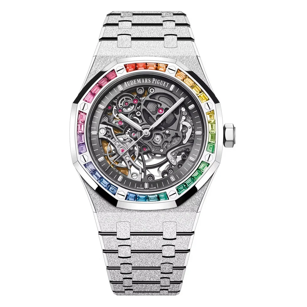 Audemars Piguet 15412Bc.yg.1224Bc.03-B Royal Oak Double Balance Wheel Openworked Frosted White Gold - Rainbow Skeleton Dial Watch