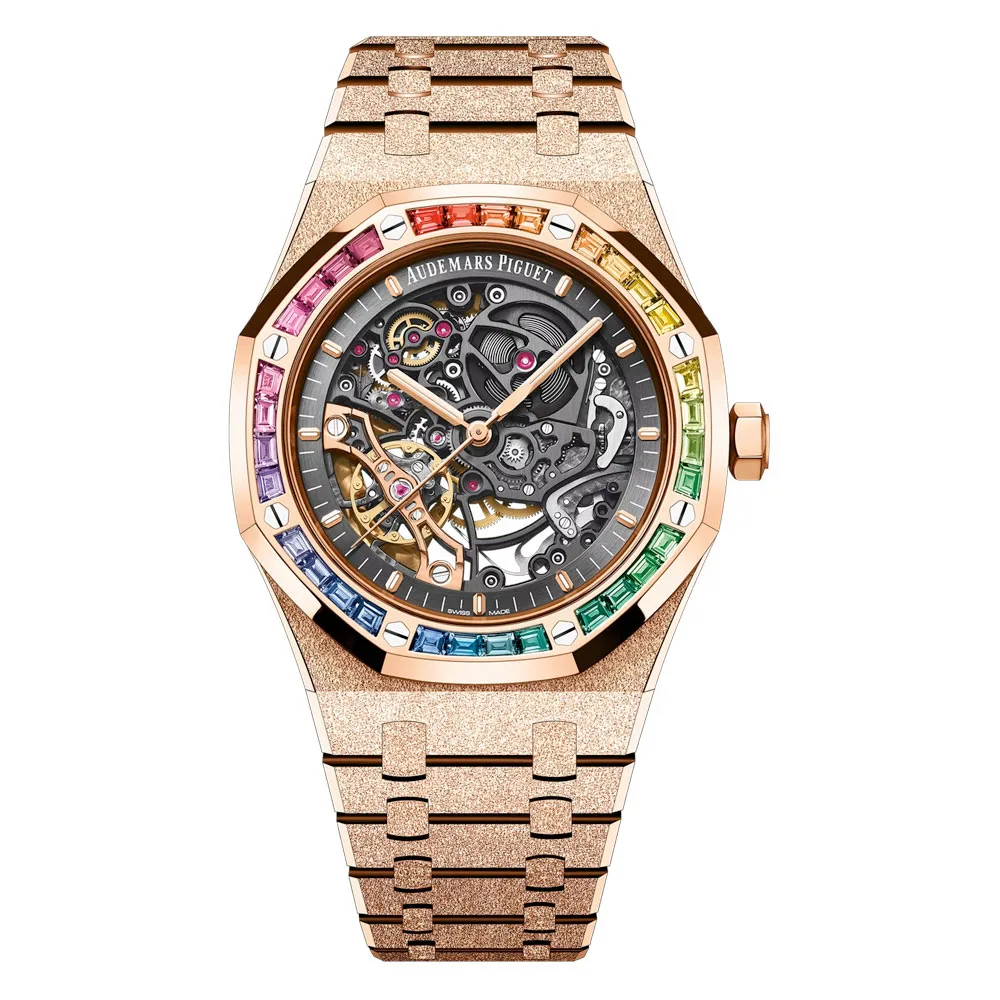 Audemars Piguet 15412Or.yg.1224Or.01-B Royal Oak Double Balance Wheel Openworked Frosted Pink Gold - Rainbow Skeleton Dial Watch