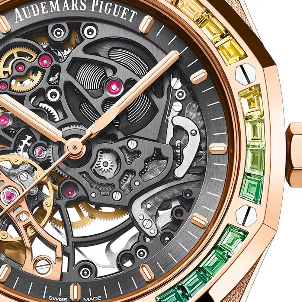 Audemars Piguet 15412Or.yg.1224Or.01-B Royal Oak Double Balance Wheel Openworked Frosted Pink Gold - Rainbow Skeleton Dial Watch - Image 2
