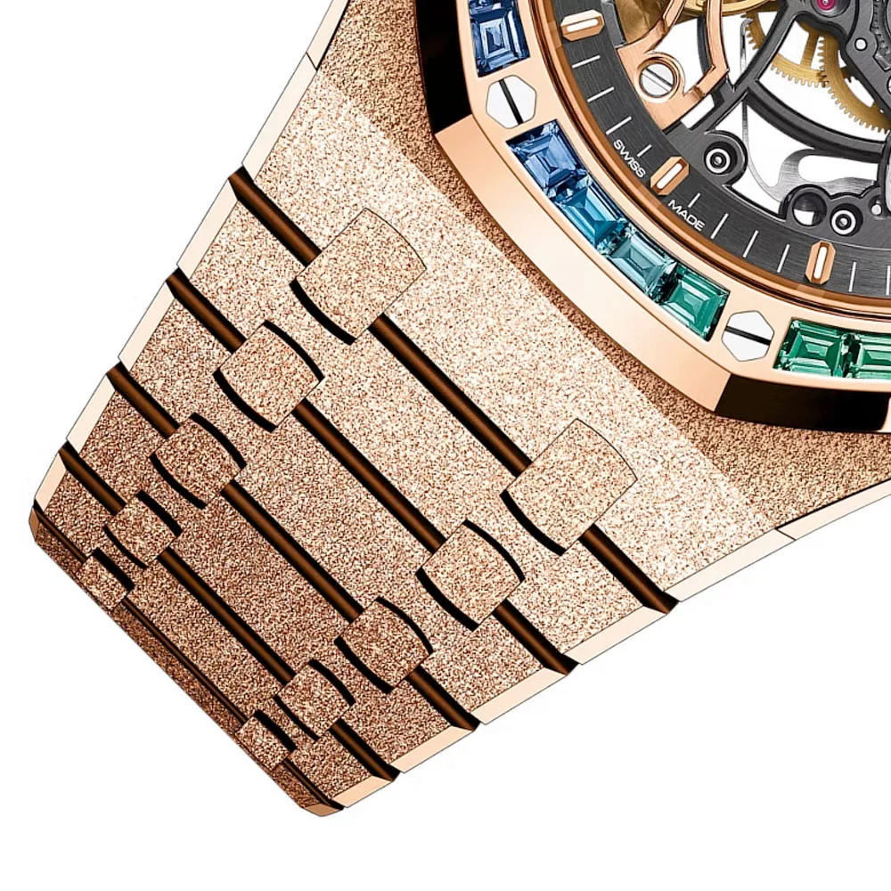 Audemars Piguet 15412Or.yg.1224Or.01-B Royal Oak Double Balance Wheel Openworked Frosted Pink Gold - Rainbow Skeleton Dial Watch - Image 3