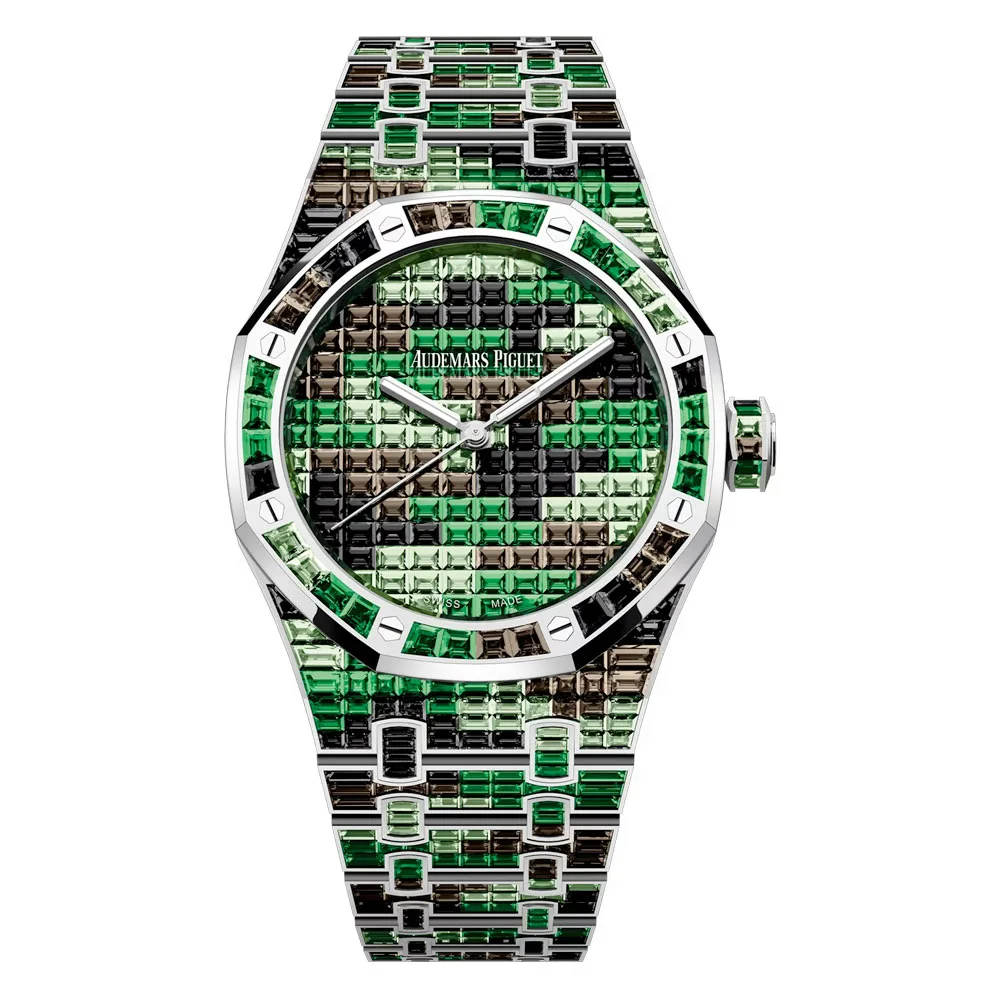 Audemars Piguet 15514Bc.yy.1284Bc.02 Royal Oak Selfwinding Green Camouflage Gem‑Set Dial Watch