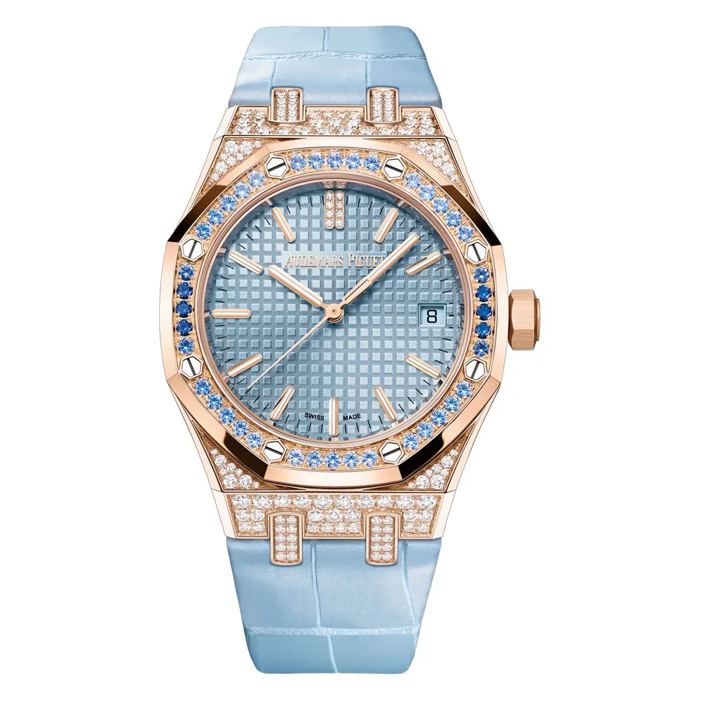 Audemars Piguet 15551Or.zs.d344Cr.01 Royal Oak Selfwinding Pink Gold Gem-Set Alligator Blue Dial Watch