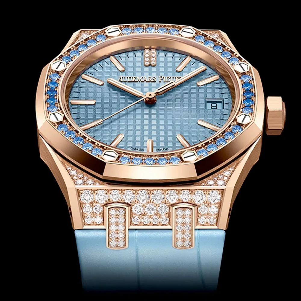 Audemars Piguet 15551Or.zs.d344Cr.01 Royal Oak Selfwinding Pink Gold Gem-Set Alligator Blue Dial Watch - Image 3