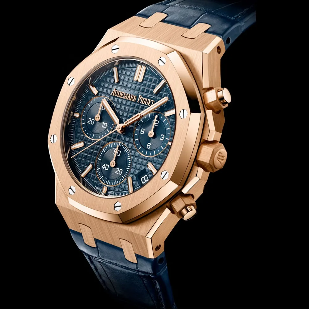 Audemars Piguet 26240Or.oo.d315Cr.02 Royal Oak Selfwinding Chronograph Pink Gold Alligator Blue Dial Watch - Image 2