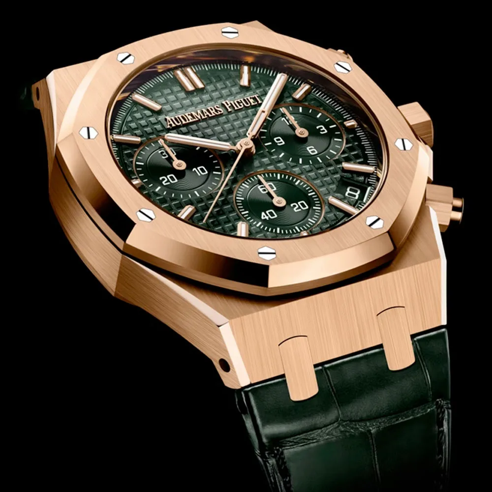 Audemars Piguet 26240Or.oo.d404Cr.02 Royal Oak Selfwinding Chronograph Pink Gold Alligator Green Dial Watch - Image 3